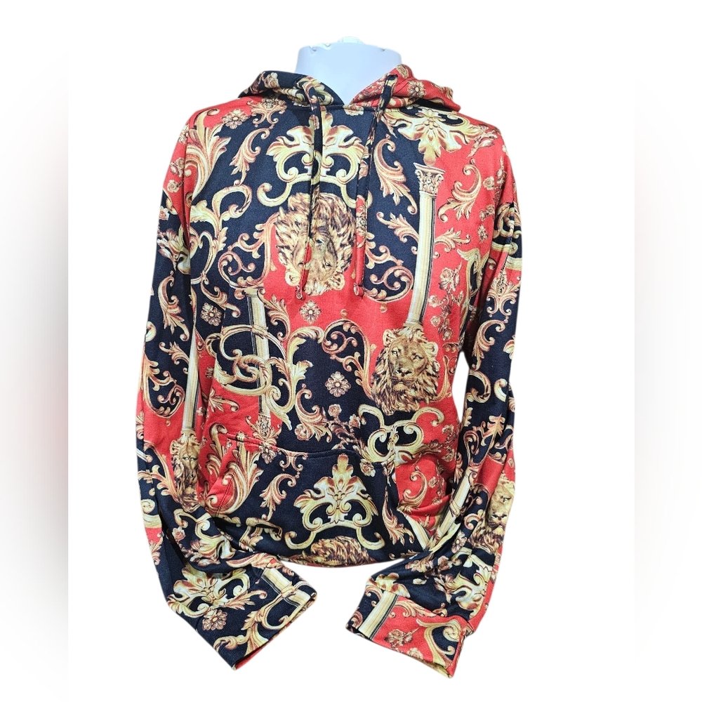 Baroque Gold Lion Print Hoodie Men’s‎ Size Large – Red & Black Ornate